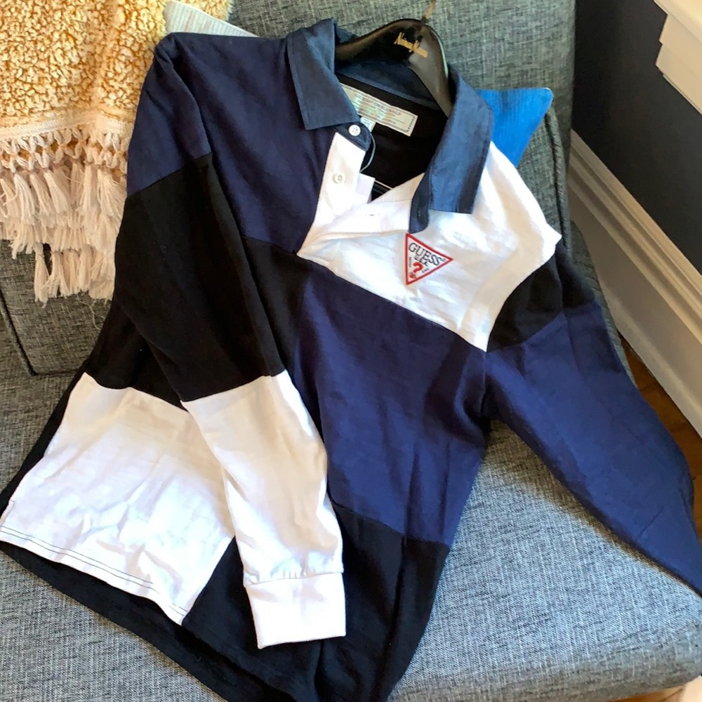 Never Worn Guess Henley Pullover — black, blue, white